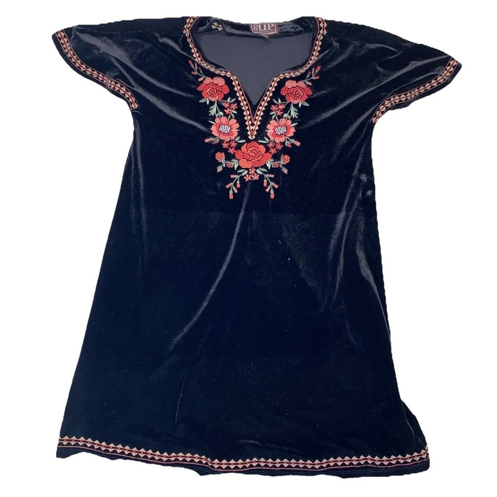 Cowgirl Up Dress Med Black Velvet Embroidery Mini Tunic Boho Western Whimsical